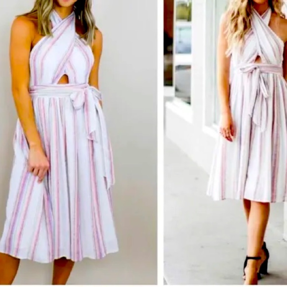 Amanda Uprichard White Midi Dress with Pink Stripe